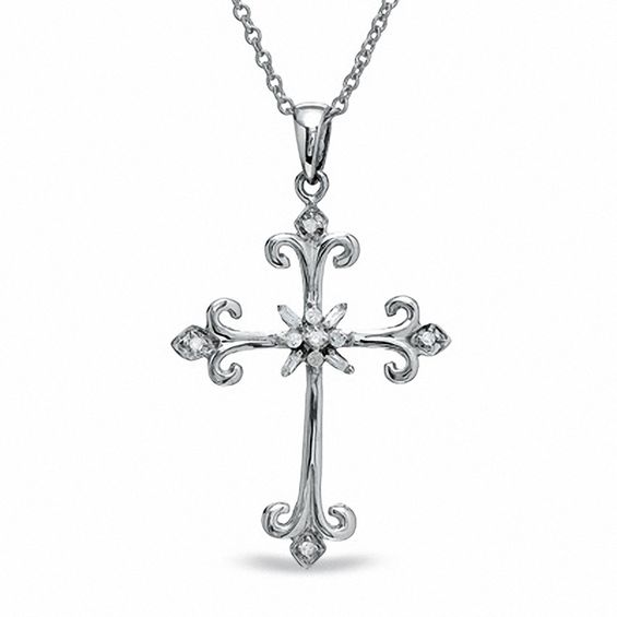 1/10 CT. T.w. Diamond Fleur-de-Lis Cross Pendant in Sterling Silver