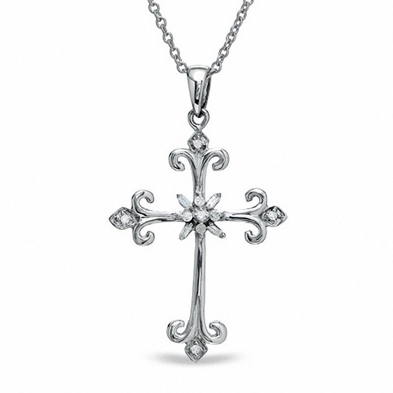 Main Image 1 of 1/10 CT. T.W. Diamond Fleur-de-Lis Cross Pendant in Sterling Silver