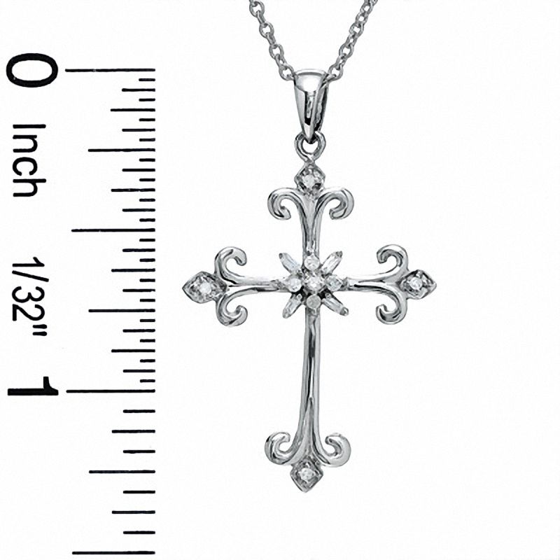 Main Image 2 of 1/10 CT. T.W. Diamond Fleur-de-Lis Cross Pendant in Sterling Silver