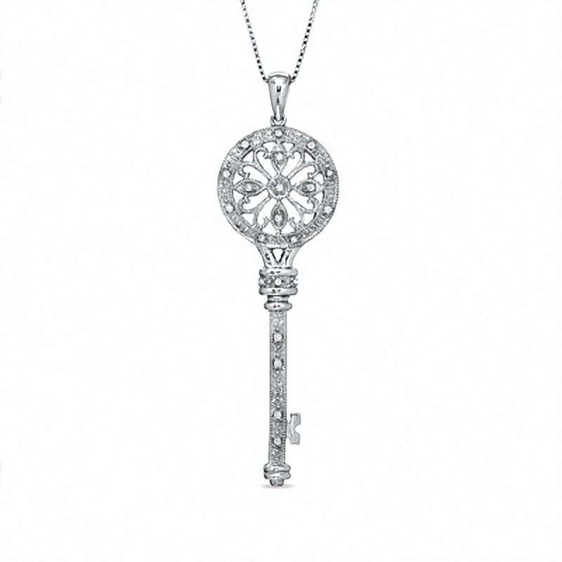 Main Image 1 of 1/10 CT. T.W. Diamond Vintage Key Pendant in Sterling Silver