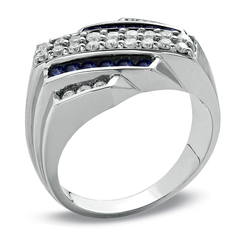 Men's Blue Sapphire and 5/8 CT. T.W. Diamond Slant Ring in 14K White Gold