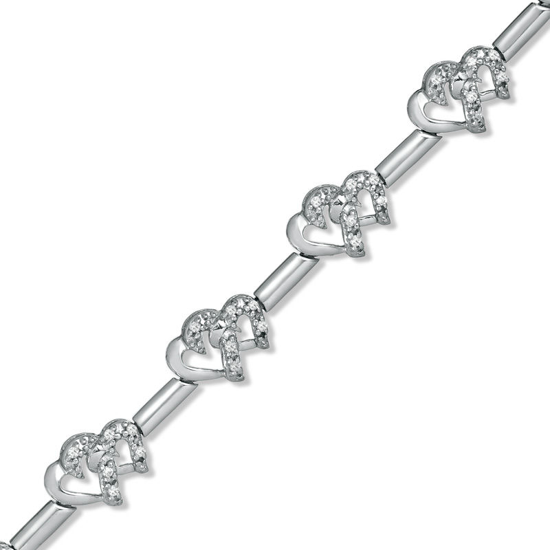 Main Image 1 of 1/5 CT. T.W. Diamond Interlocking Hearts Link Bracelet in Sterling Silver