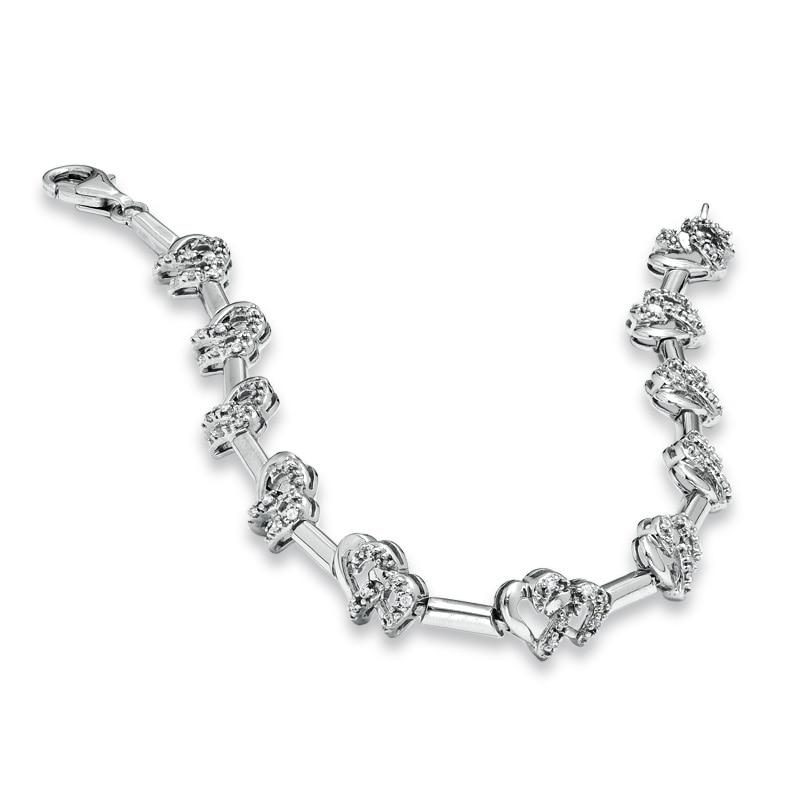 Main Image 2 of 1/5 CT. T.W. Diamond Interlocking Hearts Link Bracelet in Sterling Silver