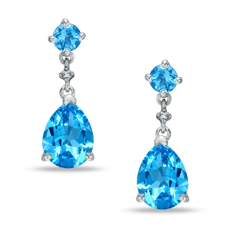 Main Image 1 of Swiss Blue Topaz Drop Earrings in 10K White Gold with Diamond Accents