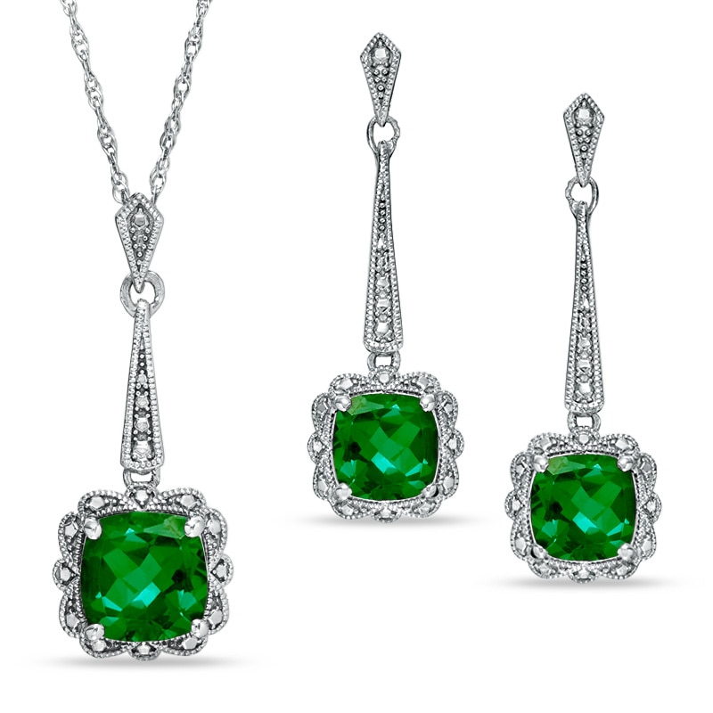 Main Image 1 of Cushion-Cut Lab-Created Emerald Vintage-Style Pendant and Earrings Set in Sterling Silver