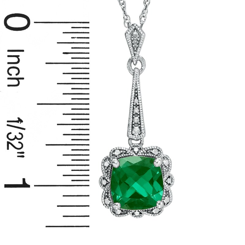 Main Image 2 of Cushion-Cut Lab-Created Emerald Vintage-Style Pendant and Earrings Set in Sterling Silver