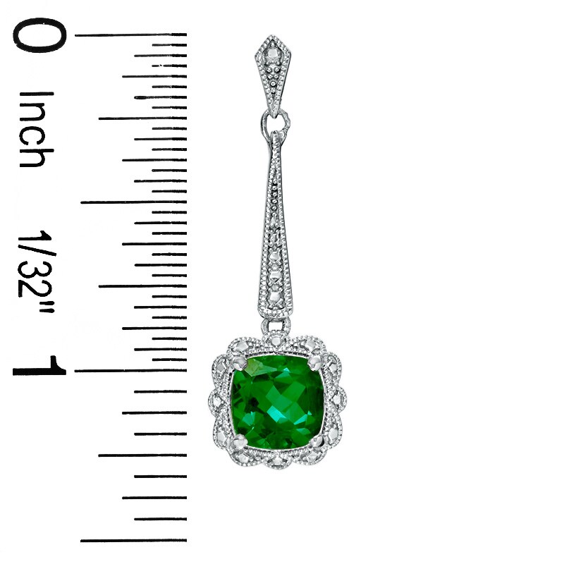 Main Image 3 of Cushion-Cut Lab-Created Emerald Vintage-Style Pendant and Earrings Set in Sterling Silver