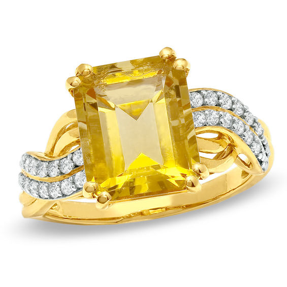 Emerald-Cut Citrine and Lab-Created White Sapphire Swirl Ring in 10K Gold