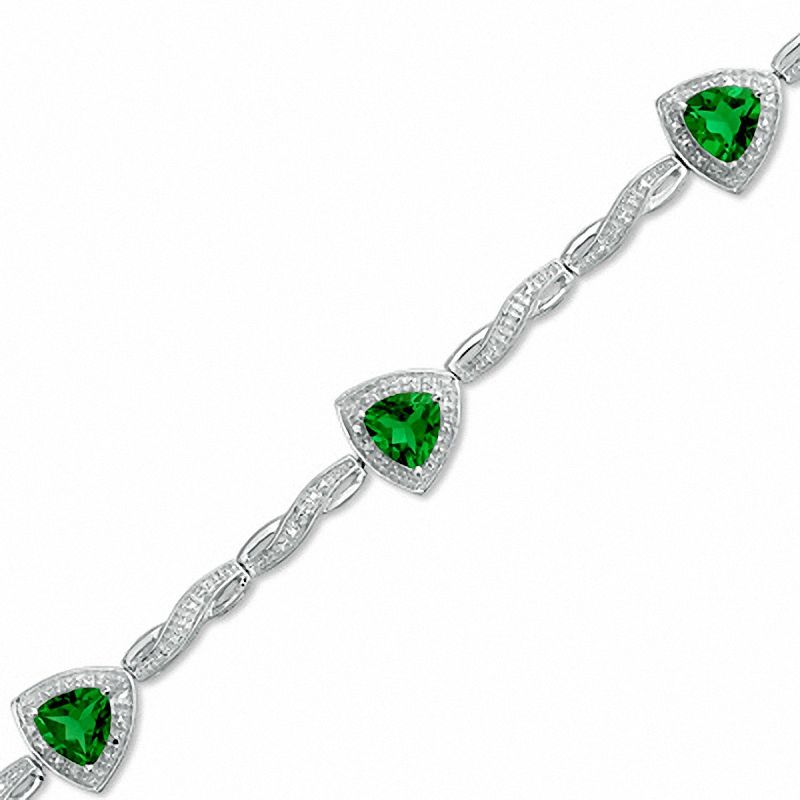Main Image 1 of 6.0mm Trillion-Cut Lab-Created Emerald Bracelet in Sterling Silver with Diamond Accent - 7.25&quot;