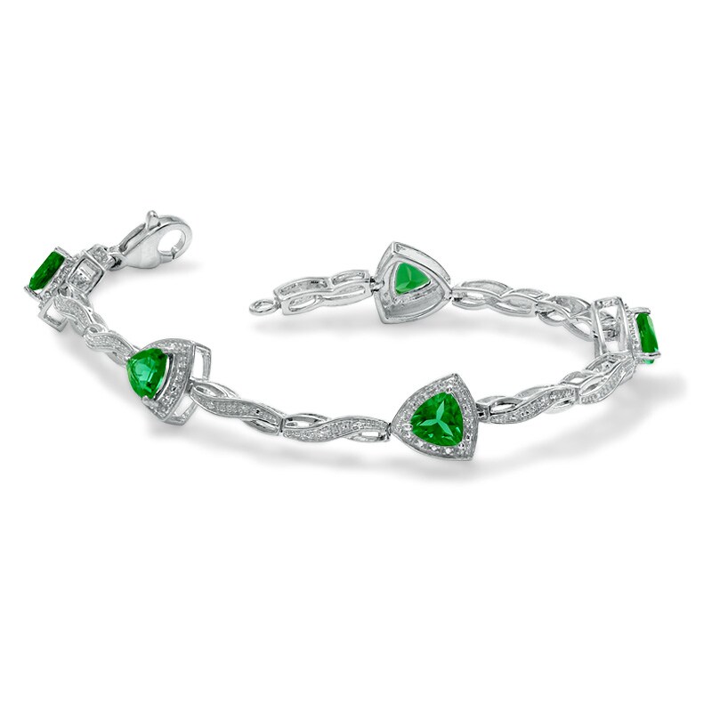 Main Image 2 of 6.0mm Trillion-Cut Lab-Created Emerald Bracelet in Sterling Silver with Diamond Accent - 7.25&quot;