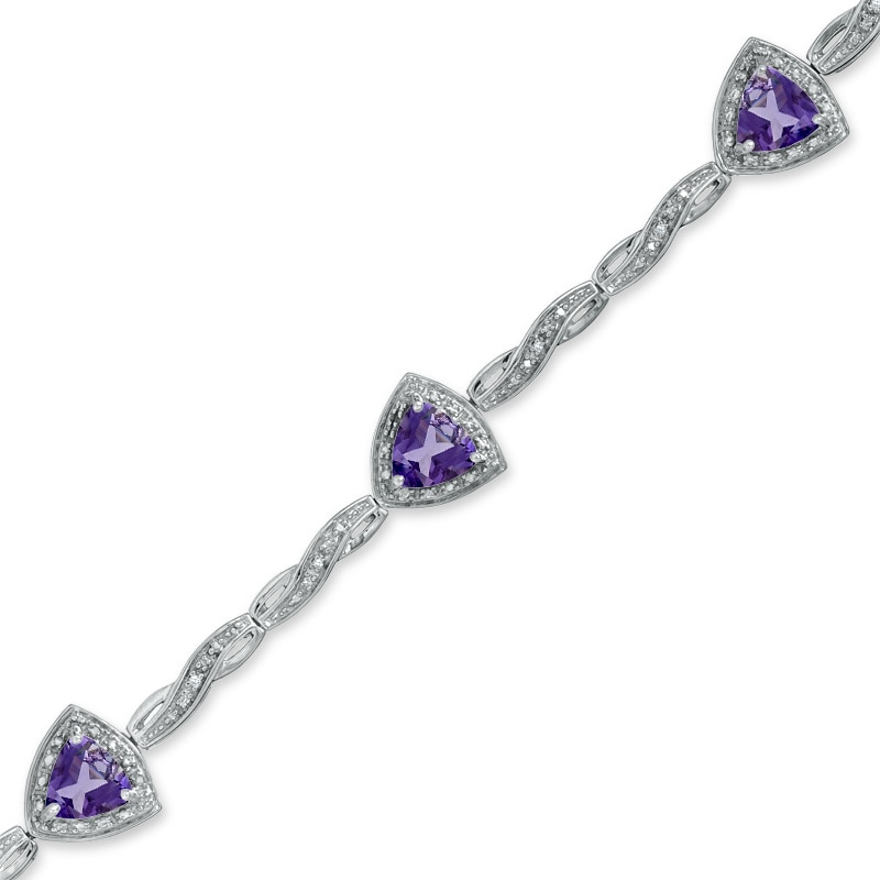 Main Image 1 of 6.0mm Trillion-Cut Amethyst Bracelet in Sterling Silver with Diamond Accent - 7.25"
