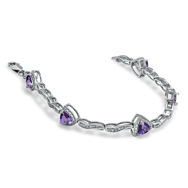 Main Image 2 of 6.0mm Trillion-Cut Amethyst Bracelet in Sterling Silver with Diamond Accent - 7.25"