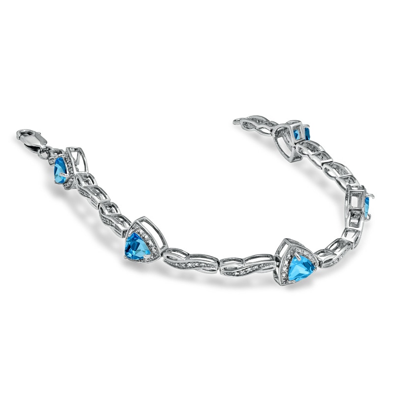 Main Image 2 of 6.0mm Trillion-Cut Blue Topaz Bracelet in Sterling Silver with Diamond Accents - 7.25"