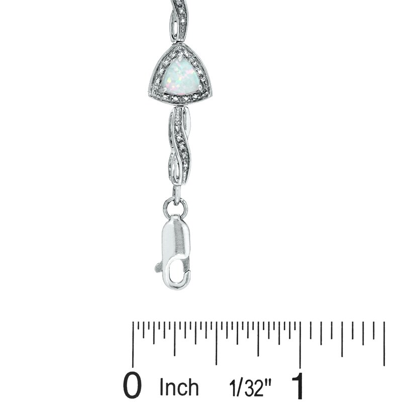 Main Image 3 of 6.0mm Trillion-Cut Lab-Created Opal Bracelet in Sterling Silver with Diamond Accent - 7.25"