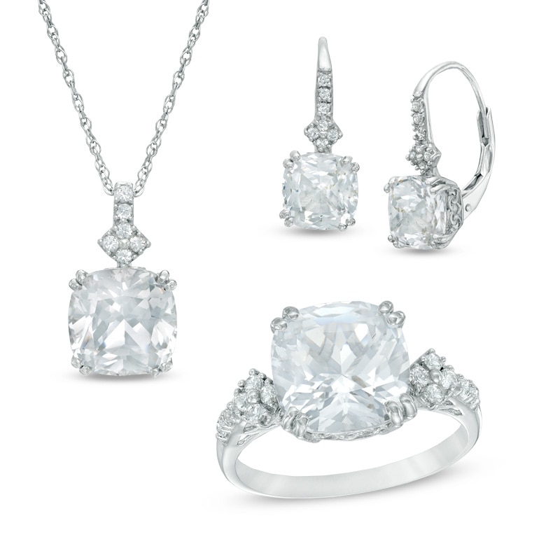Main Image 1 of Cushion-Cut Lab-Created White Sapphire Pendant, Ring and Earrings Set in Sterling Silver