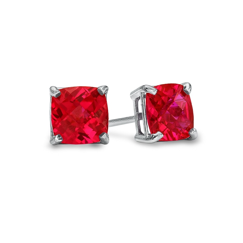 Main Image 1 of 6.0mm Cushion-Cut Lab-Created Ruby Stud Earrings in 10K White Gold