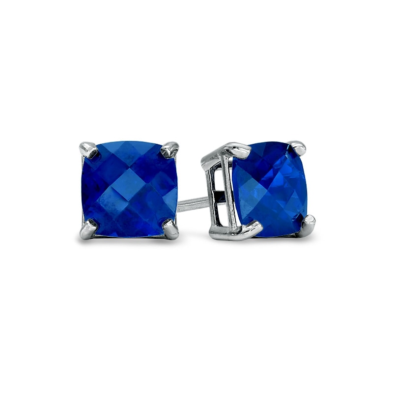 Main Image 1 of 6.0mm Cushion-Cut Lab-Created Blue Sapphire Stud Earrings in 10K White Gold