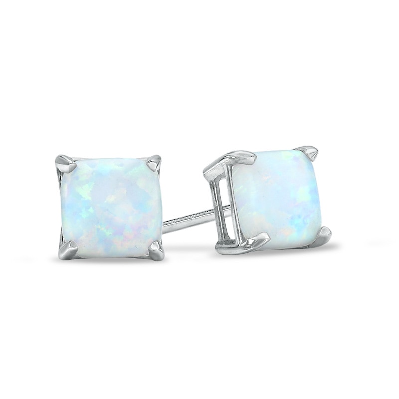 Main Image 1 of 6.0mm Cushion-Cut Lab-Created Opal Stud Earrings in 10K White Gold