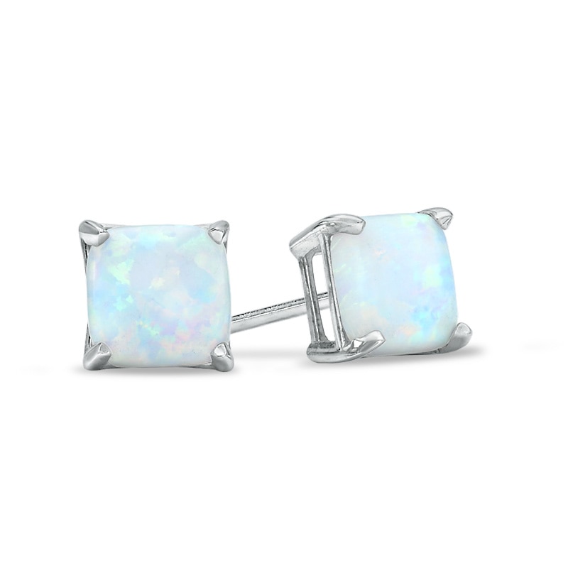 6.0mm Cushion-Cut Lab-Created Opal Stud Earrings in 10K White Gold