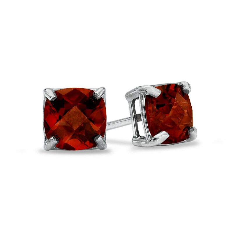 Main Image 1 of 6.0mm Cushion-Cut Garnet Stud Earrings in 10K White Gold