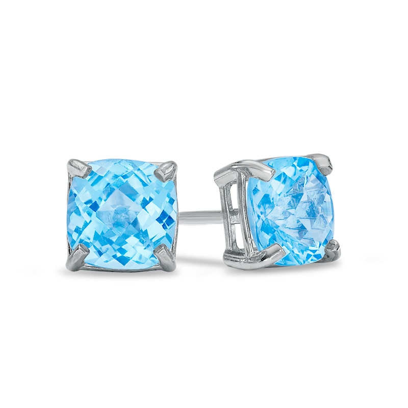 Main Image 1 of 6.0mm Cushion-Cut Blue Topaz Stud Earrings in 10K White Gold
