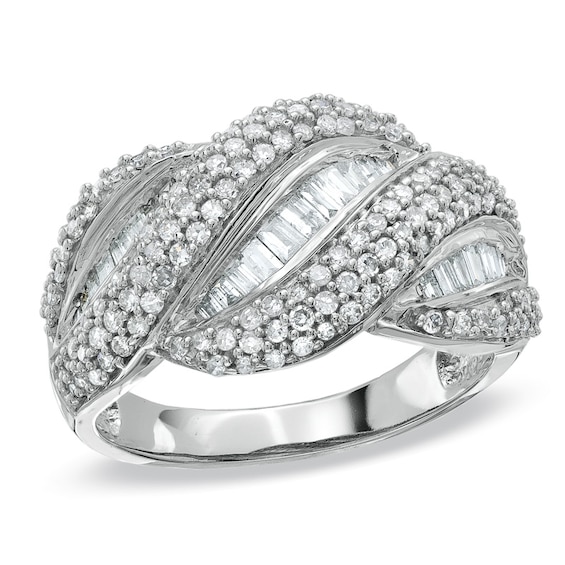 1 CT. T.w. Round and Baguette Diamond Circle Wreath Band in 14K White Gold