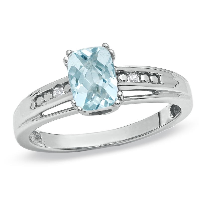 Main Image 1 of Cushion-Cut Aquamarine and White Sapphire Ring in 10K White Gold