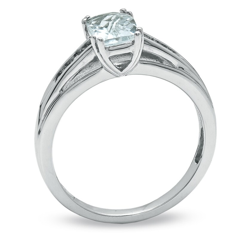 Main Image 2 of Cushion-Cut Aquamarine and White Sapphire Ring in 10K White Gold
