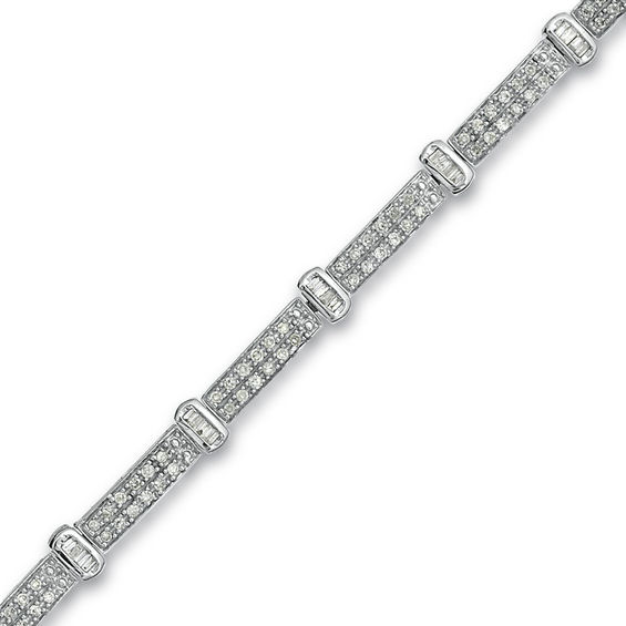 1 CT. T.w. Round and Baguette Diamond Fashion Bracelet in 10K White Gold