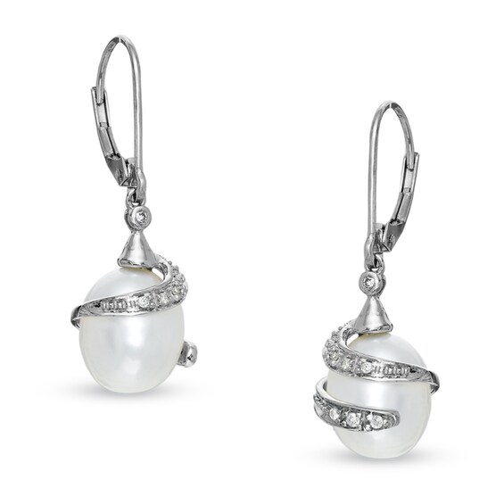 Freshwater Cultured Pearl Wrap Drop Earrings in 10K White Gold with Diamond Accents