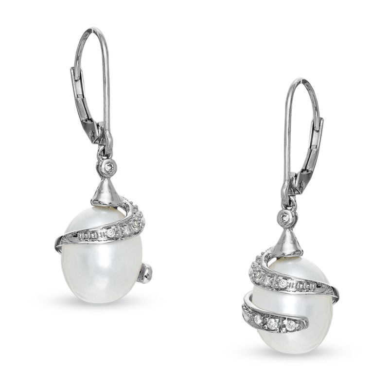 Main Image 1 of Freshwater Cultured Pearl Wrap Drop Earrings in 10K White Gold with Diamond Accents