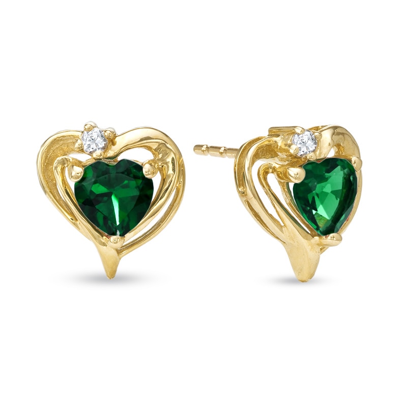Main Image 1 of 5.0mm Heart-Shaped Lab-Created Emerald and White Sapphire Earrings in 10K Gold