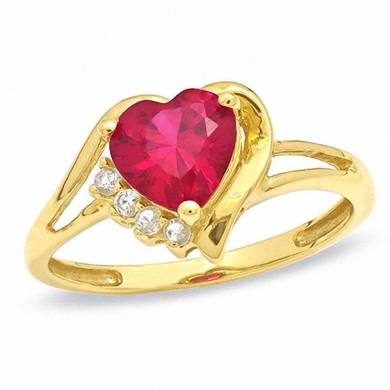 7.0mm Heart-Shaped Lab-Created Ruby and White Sapphire Ring in 10K Gold