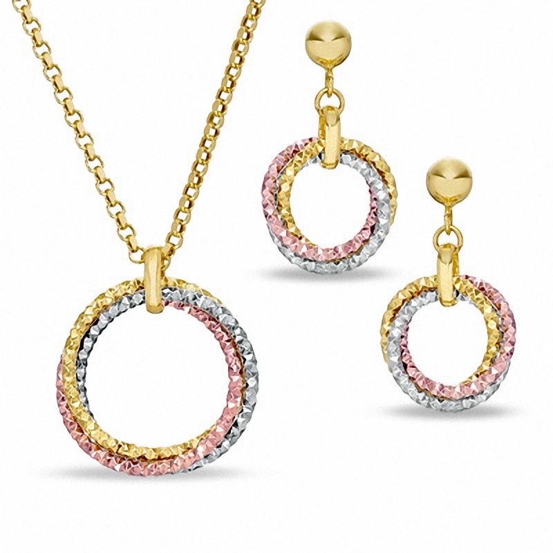 Main Image 1 of 14K Tri-Tone Gold and Sterling Silver Circle Pendant and Earrings Set