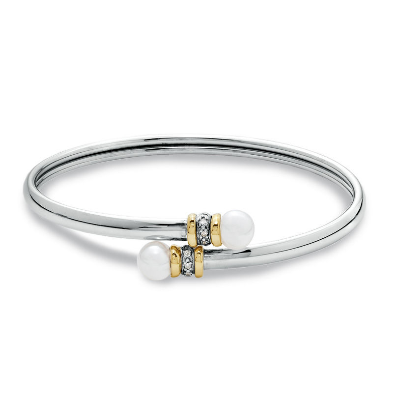 Main Image 1 of 7.0mm Freshwater Cultured Pearl Bypass Bangle in Sterling Silver and 14K Gold with Diamond Accents-7.5&quot;