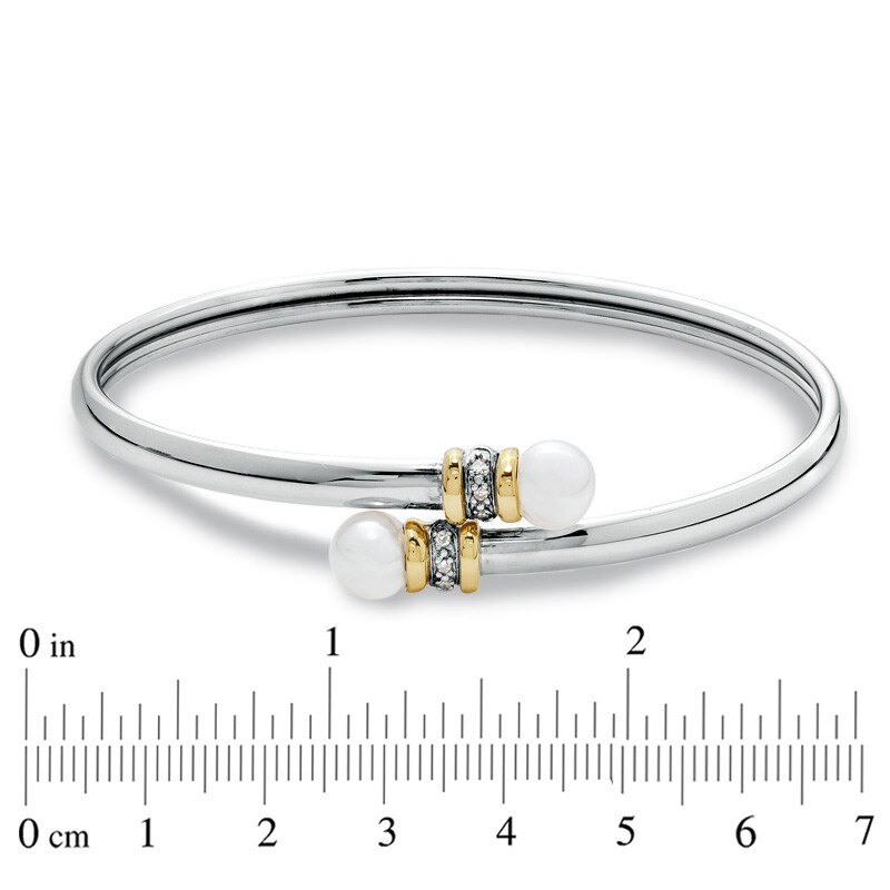 Main Image 2 of 7.0mm Freshwater Cultured Pearl Bypass Bangle in Sterling Silver and 14K Gold with Diamond Accents-7.5&quot;