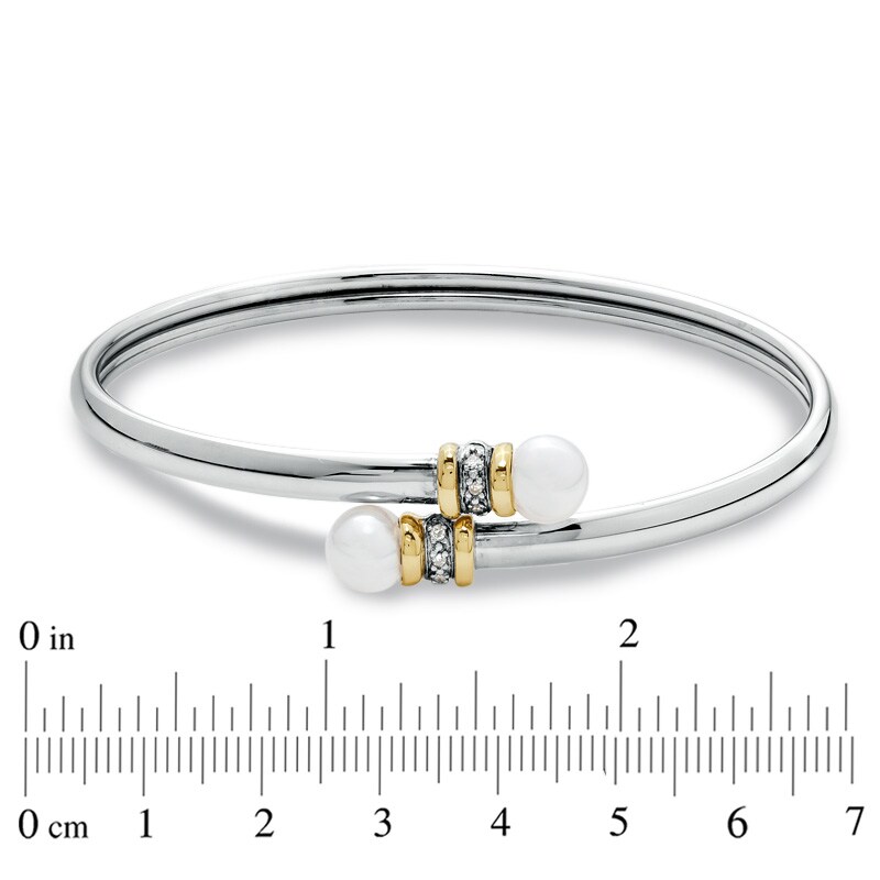 7.0mm Cultured Freshwater Pearl Bypass Bangle in Sterling Silver and 14K Gold with Diamond Accents - 7.5"