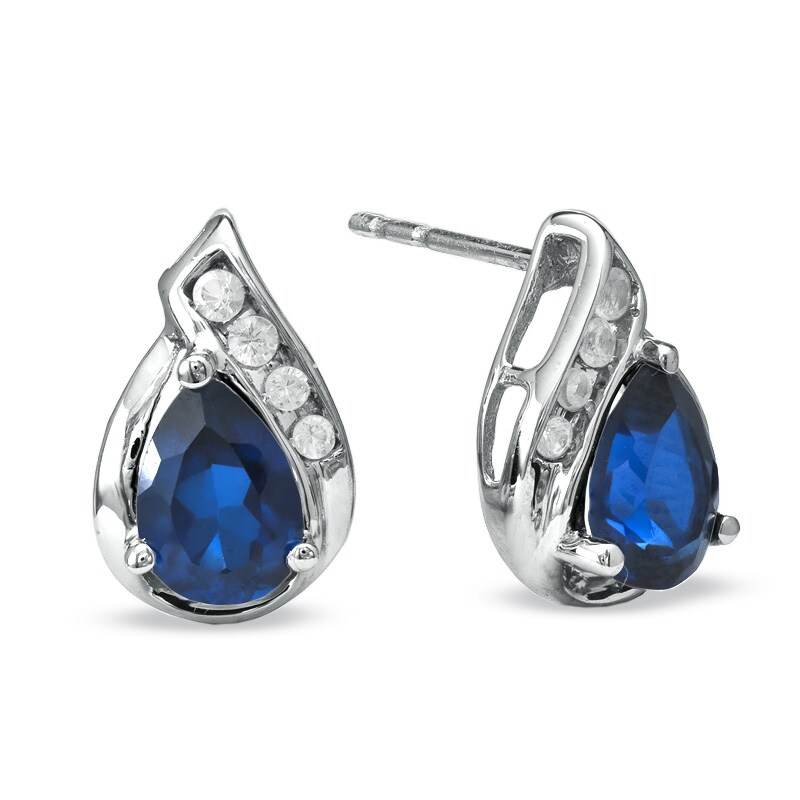 Main Image 1 of Pear-Shaped Lab-Created Blue and White Sapphire Earrings in 10K White Gold