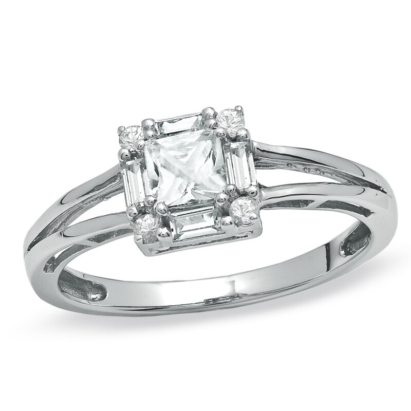 Main Image 1 of Square-Cut Lab-Created White Sapphire Framed Ring in 10K White Gold