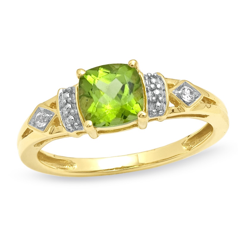 Main Image 1 of Cushion-Cut Peridot and Lab-Created White Sapphire Ring in 10K Gold