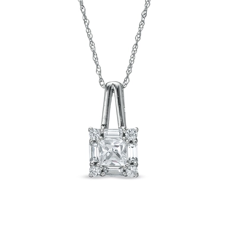 Main Image 1 of Square-Cut Lab-Created White Sapphire Framed Pendant in 10K White Gold