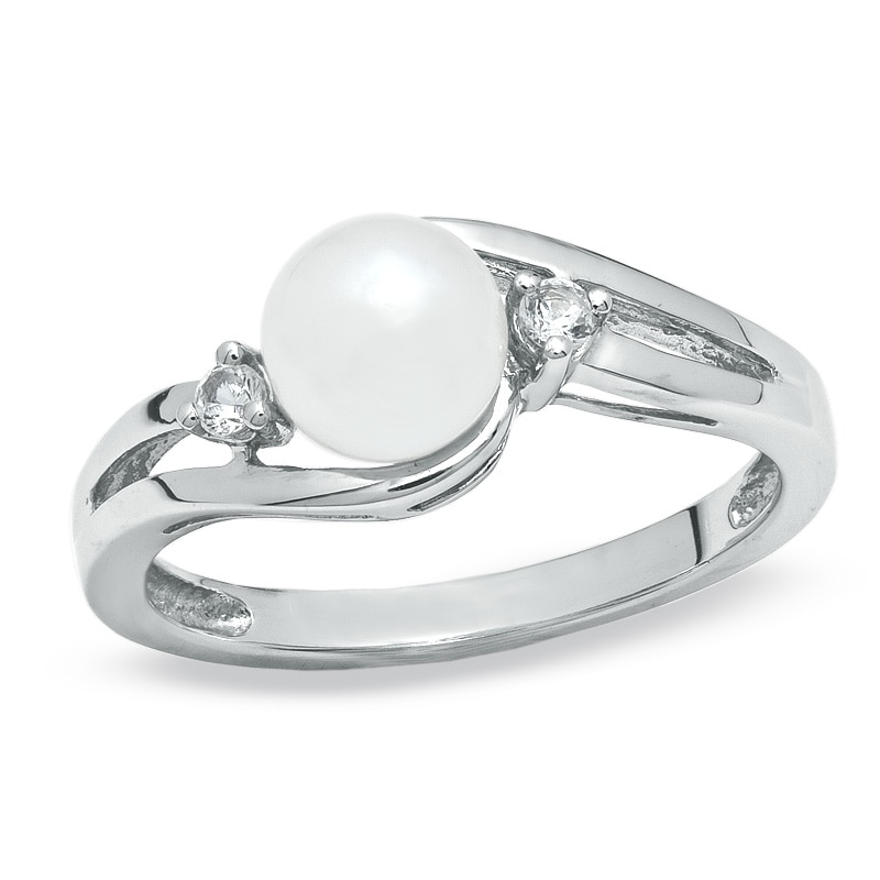 Main Image 1 of 6.0mm Freshwater Cultured Pearl and White Sapphire Ring in 10K White Gold