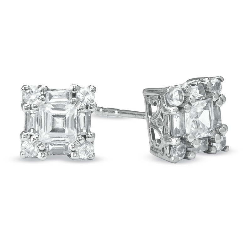 Main Image 1 of Square-Cut Lab-Created White Sapphire Framed Earrings in 10K White Gold