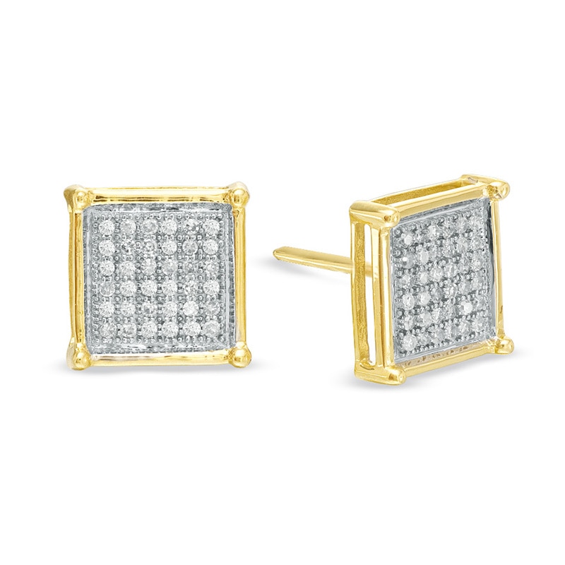 1 Carat Pave Diamond Stud Earrings 10K Yellow Gold Cube Shape