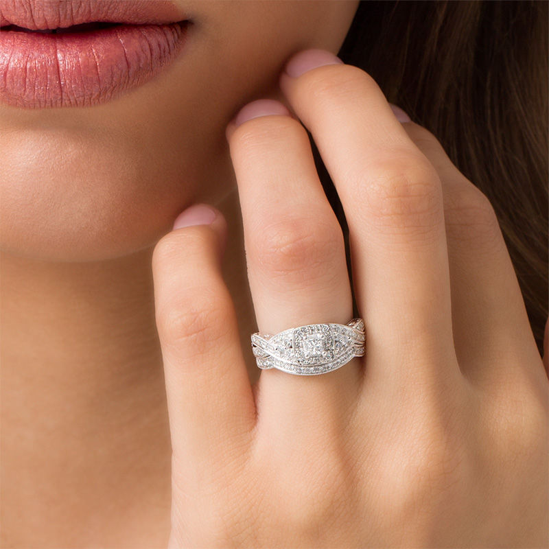 Main Image 3 of 1/2 CT. T.W. Princess-Cut Diamond Twist Bridal Set in 14K White Gold