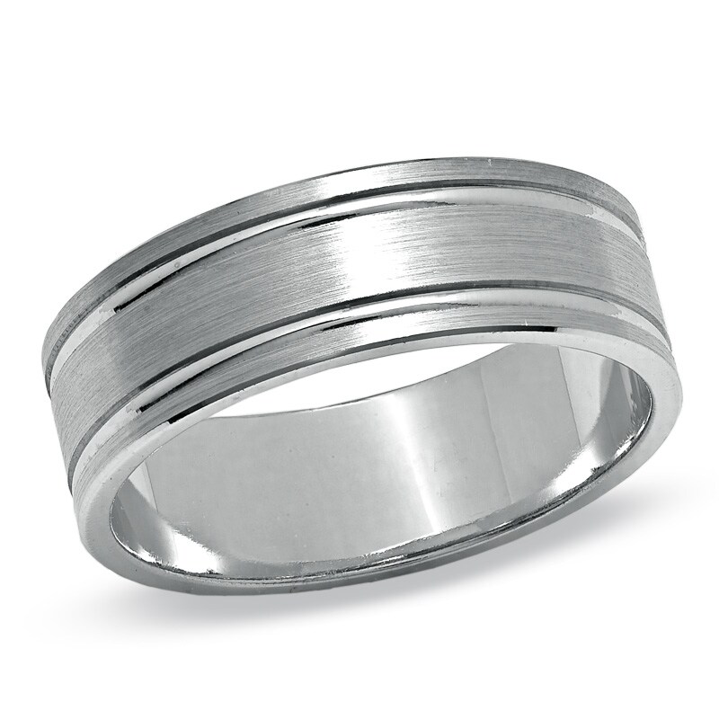 Men's 7.0mm Brushed Double Stripe Wedding Band in 10K White Gold - Size 10