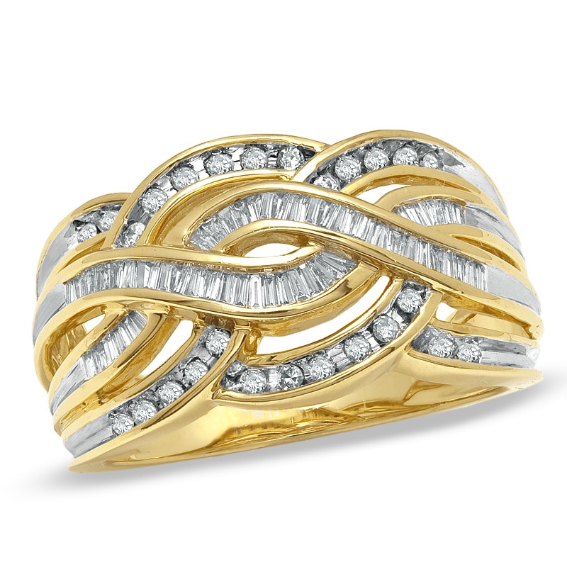 3/8 CT. T.W. Baguette and Round Diamond Twist Band in 10K Gold