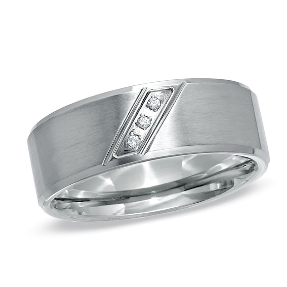 Diamond Accent Three Stone Slanted Ring in Stainless Steel - Size 9