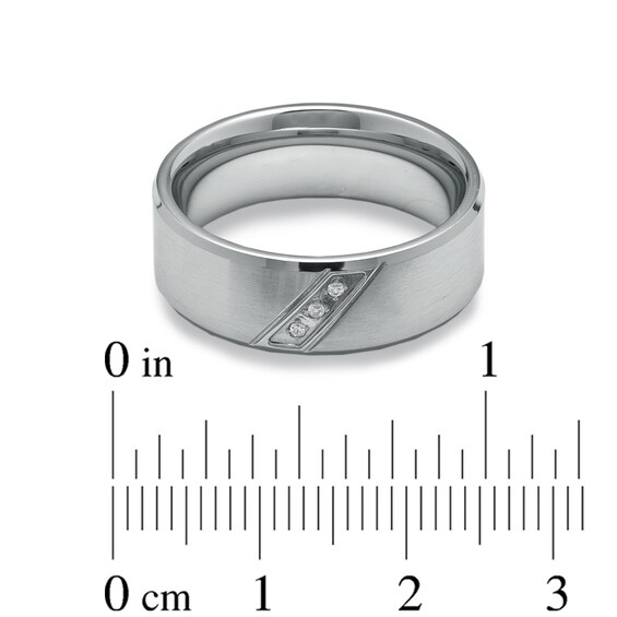 Diamond Accent Three Stone Slanted Ring in Stainless Steel - Size 9
