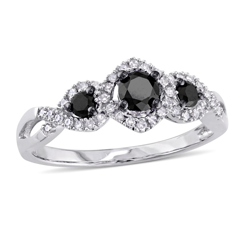 1/2 CT. T.W. Enhanced Black and White Diamond Three Stone Braided Framed Ring in 10K White Gold